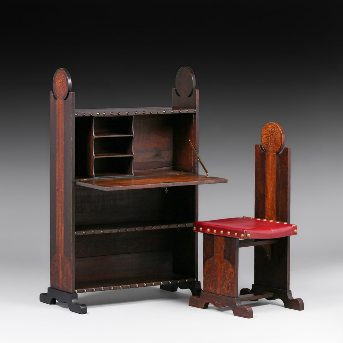 Arts & Crafts Period Hand-Carved Pyrography Fallfront Desk & Chair c1905: Arts & Crafts Period Hand-Carved Pyrography Fallfront Desk & Chair c1905. Unsigned. Excellent original finish. Desk 48"h x 30"w x 17.75" depth at feet. Chair 37.25"h x 18.25"w at feet x 15"d FREE