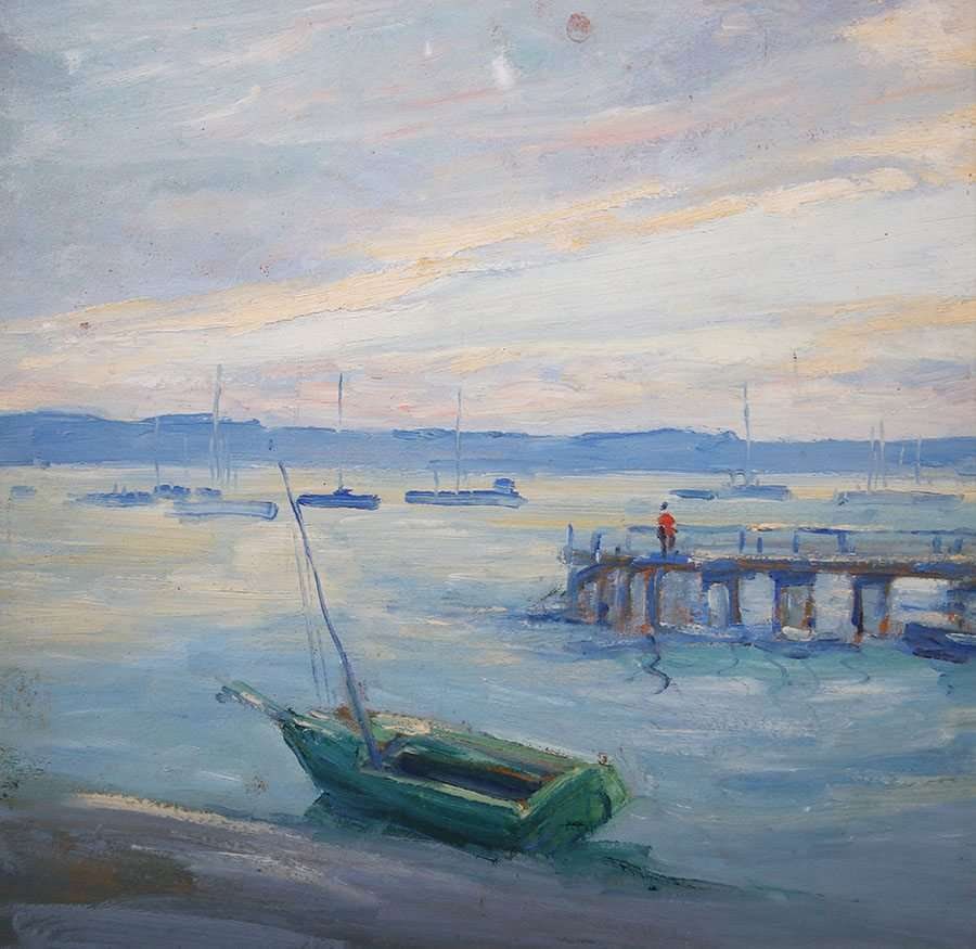 August Gay (1890-1948) Monterey Bay Society of Six Painting c1920: August Gay (1890-1948) Monterey Bay Society of Six Painting c1920. Unsigned. 15.25"h x 15.25"w. Tim Holton custom hand-carved oak frame 21.75"h x 21.5"w FREE NATIONWIDE SHIPPINGFree Nationwide