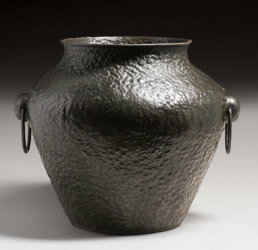 Early Dirk van Erp Hammered Copper Warty Two-Handled Vase c1908-1909: Early Dirk van Erp Hammered Copper Warty Two-Handled Vase c1908-1909. Likely made by Harry Dixon while working for Dirk van Erp in the Oakland Shop. Unsigned. Excellent original patina. 18.5"d x 15.5"