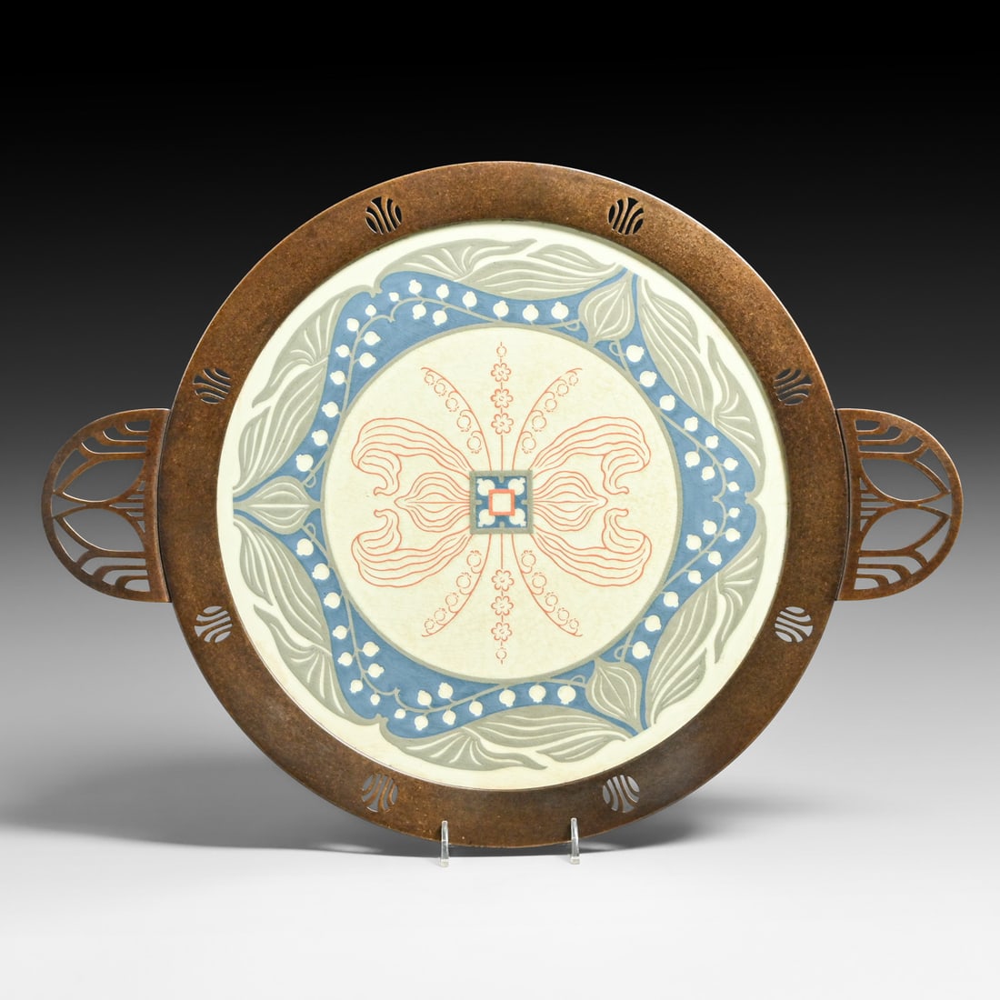 Villeroy & Boch Porcelain & Cutout Brass Two-Handled Tray c1905: Villeroy & Boch Porcelain & Cutout Brass Two-Handled Tray c1905. Signed. Excellnt new patina. Villeroy & Boch porcelain tray in perfect condition. 18.5"w x 14"d FREE NATIONWIDE SHIPPINGFree