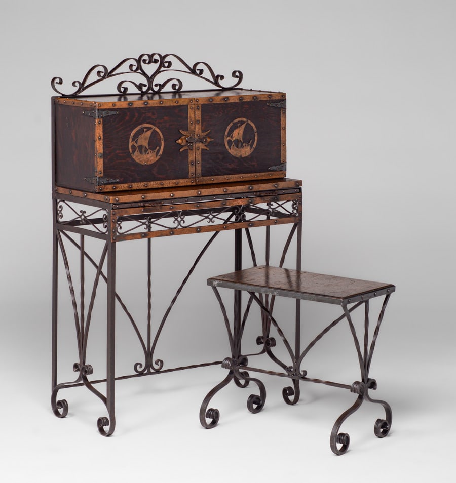 California Arts & Crafts Hammered Copper & Spanish Revival Hand-Forged Iron Desk & Stool c1920s: California Arts & Crafts Hammered Copper & Spanish Revival Hand-Forged Iron Desk & Stool c1920s. Unsigned. Excellent original patina. An extremely unusual example of California made handcrafted