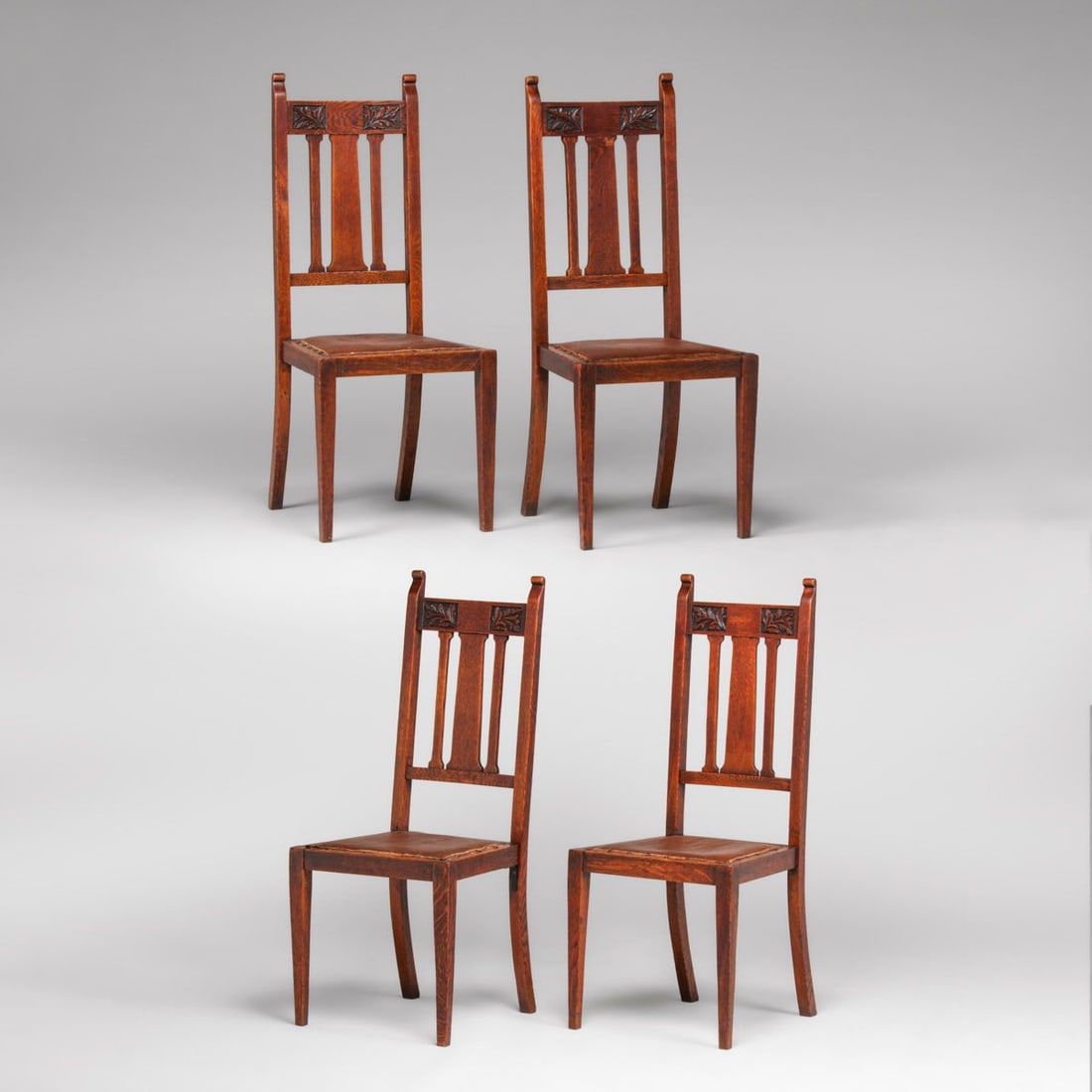 Engish Arts & Crafts Set of 4 Carved Oak Dining Chairs c1900s: Engish Arts & Crafts Set of 4 Carved Oak Dining Chairs c1900s. Unsigned. Excellent original finish. Very sturdy. 41"h x 17.25"w x 16.25"d FREE NATIONWIDE SHIPPING Free Nationwide Shipping within the l