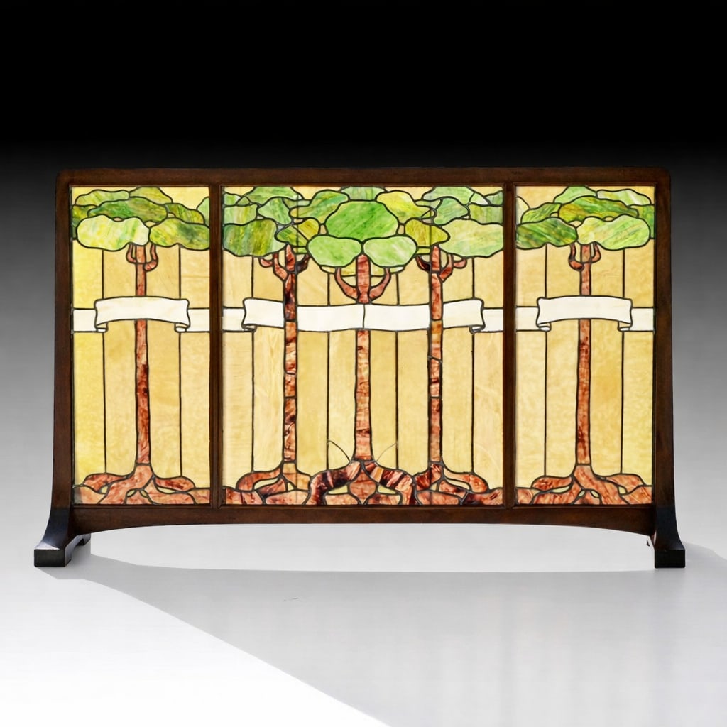 Tobey - Chicago Mahogany Art Nouveau Leaded Glass Fireplace Screen c1900s: Tobey - Chicago Mahogany Art Nouveau Leaded Glass Fireplace Screen c1900s. Signed. Excellent original finish. A few tight lines in original leaded glass, overall excellent condition. 59"w x 36.5"h x