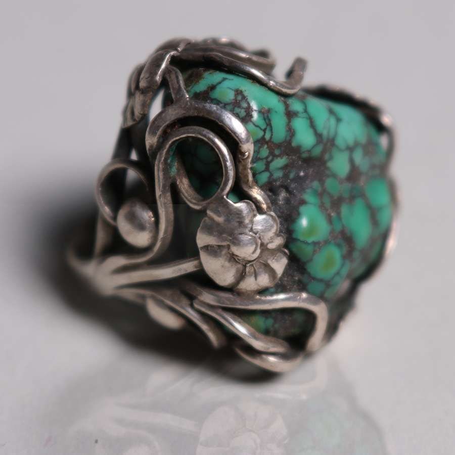 Arts & Crafts Sterling Silver Ring with Large Organic Turquoise Stone c1910 (1 of 5)