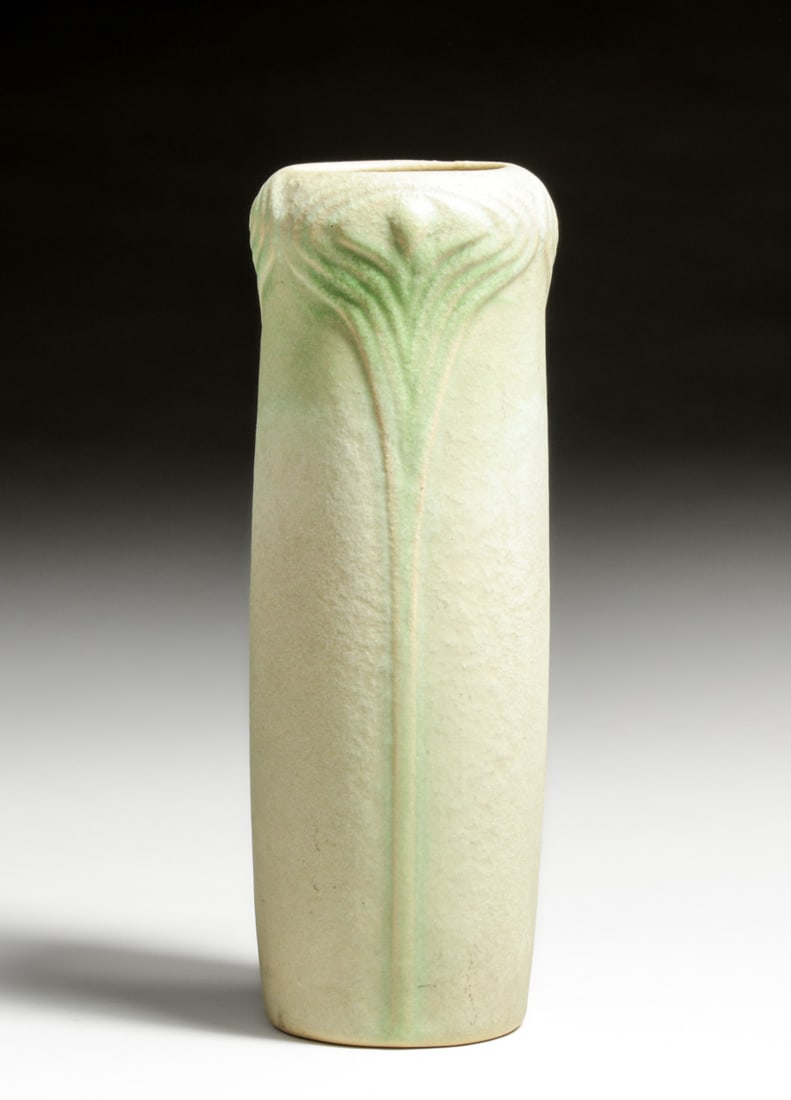 Early Van Briggle #62 Peacock Feather Vase 1903: Early Van Briggle #62 Peacock Feather Vase 1903. Signed. Invisible professional restoration to tight hairline, otherwise perfect condition. 12 5/8"h x 4.5"d FREE NATIONWIDE SHIPPINGFree Nationwide