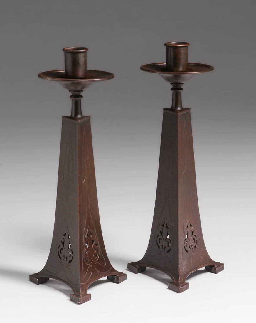Pairpoint Art Nouveau Cutout Candlesticks c1910: Pairpoint Art Nouveau Cutout Candlesticks c1910. Unsigned. Excellent new patina. 11.25"h x 4.75"d FREE NATIONWIDE SHIPPINGFree Nationwide Shipping within the lower 48 states for all purchases at our