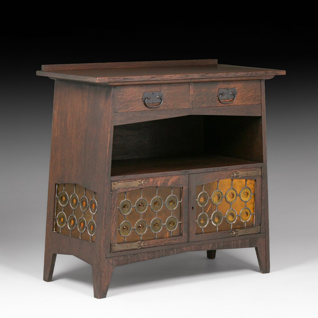 Buffalo, NY Arts & Crafts Period Leaded Glass Server c1905: Buffalo, NY Arts & Crafts Period Leaded Glass Server c1905. Hardware is similar to Roycroft and may have been produced at Roycroft. Unsigned. Excellent original finish. 38"h x 42"w x 19.25"d FREE