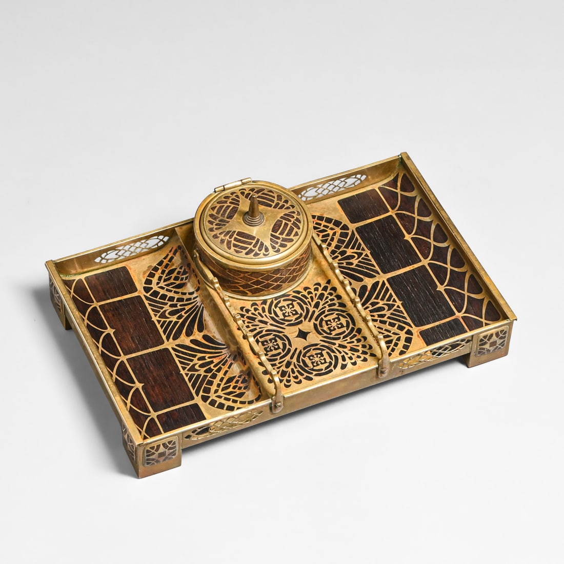 Erhard & Sohne - German Arts & Crafts Mahogany & Brass Desk Tray Inkwell c1905: Erhard & Sohne - German Arts & Crafts Mahogany & Brass Desk Tray Inkwell c1905. Signed. Excellent condition. Erhard & Sohne was granted the world-patent for the manufacture of brass-inlay in 1904.