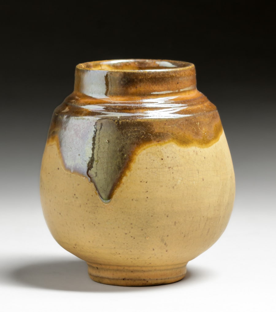 Pewabic Pottery Iridescent Gold & Matte Mustard Vase c1920s: Pewabic Pottery Iridescent Gold & Matte Mustard Vase c1920s. Signed. Invisible professional restoration to tight small hairline, otherwise perfect condition. 4 7/8"h x 4"d FREE NATIONWIDE