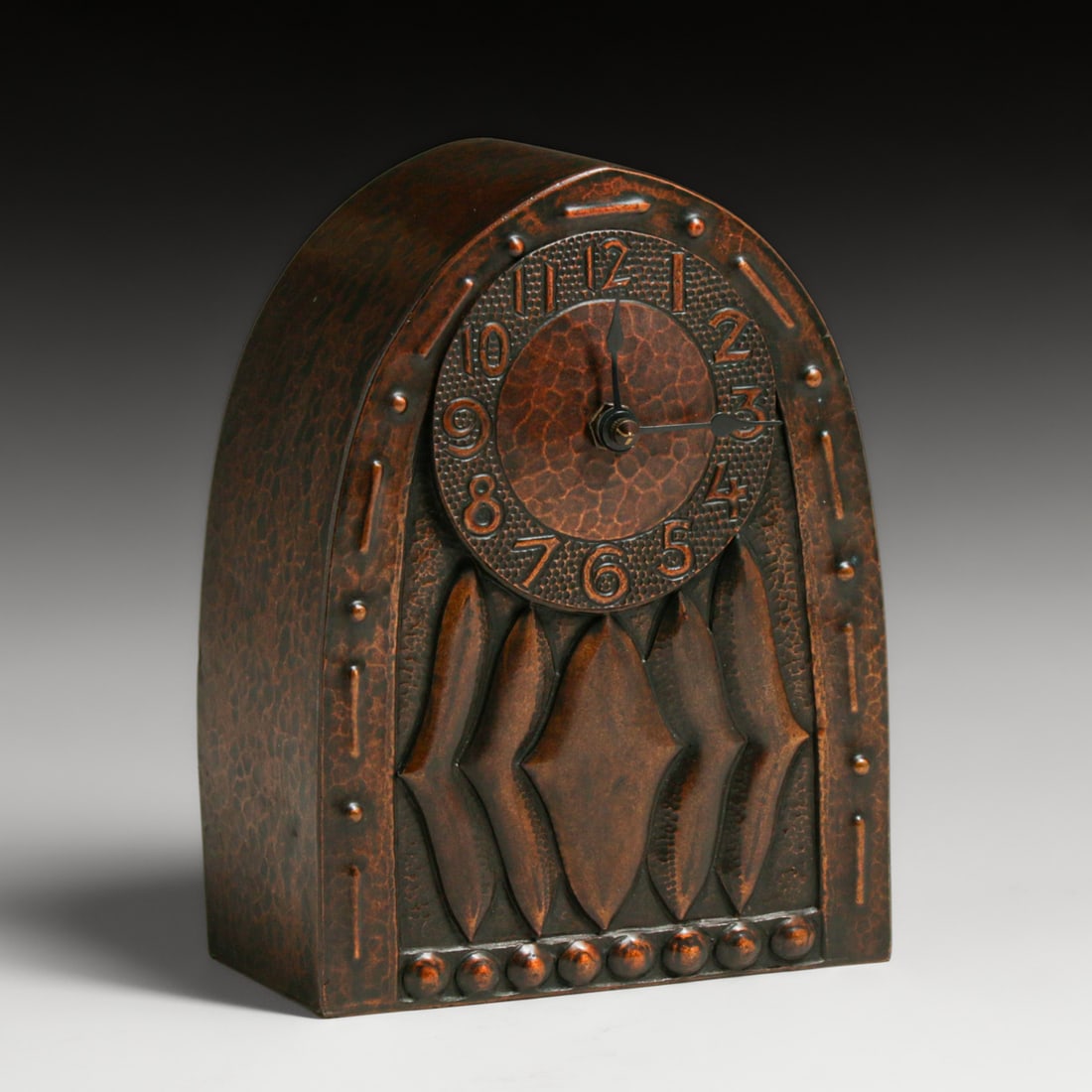 Austrian Secessionist Hammered Copper Clock c1905: Austrian Secessionist Hammered Copper Clock c1905. Unsigned. Replaced battery powered mechanism. Excellent new patina. 7.5"h x 5.75"w x 2.75"d FREE NATIONWIDE SHIPPINGFree Nationwide Shipping within