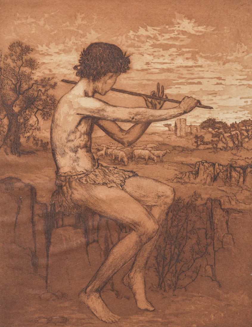 Arent Christensen (Norwegian 1894-1982) Etching "Floytespiller fra Syden" (Flute Player from the: Arent Christensen (Norwegian 1894-1982) Etching "Floytespiller fra Syden" (Flute Player from the South) c1922. Signed. Excellent condition. 12.75"h x 9.75"w. Frame 20.75"h x 16"w FREE NATIONWIDE