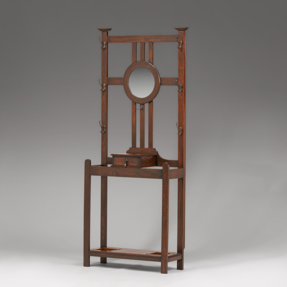 English Arts & Crafts Oak Hall Tree Coatrack c1910: English Arts & Crafts Oak Hall Tree Coatrack c1910. Unsigned. Very nicely refinished. 75.25"h x 30"w x 15"d. FREE NATIONWIDE SHIPPINGFree Nationwide Shipping within the lower 48 states for all