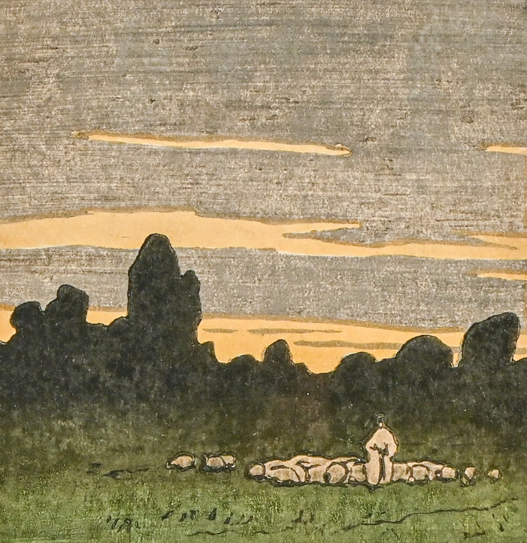 Elizabeth Christie Austen-Brown (British 1869-1942) Color Woodcut "Shepherd and Sheep at Dusk" c1920: Elizabeth Christie Austen-Brown (British 1869-1942) Color Woodcut "Shepherd and Sheep at Dusk" c1920. Signed. Excellent condition. 5"h x 4.75"w. Frame 12"h x 10"w FREE NATIONWIDE SHIPPINGFree
