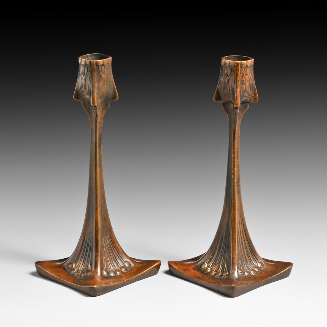 Gustav Gurschner - German (attributed) Art Nouveau Bronze Candlesticks c1900s: Gustav Gurschner - German (attributed) Art Nouveau Bronze Candlesticks c1900s. Unsigned. Excellent new patina. 8.25"h x 3.5" x 3.5" FREE NATIONWIDE SHIPPINGFree Nationwide Shipping within the lower