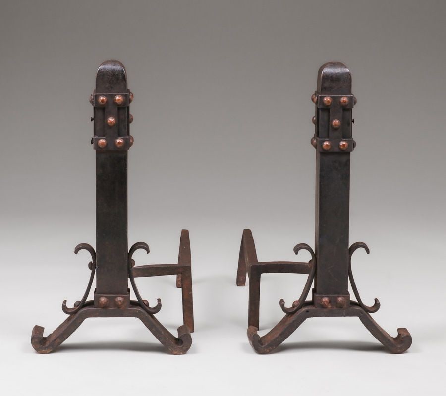 Prairie School Arts & Crafts Iron & Copper Riveted Andirons c1910: Prairie School Arts & Crafts Iron & Copper Riveted Andirons c1910. Unsigned. Excellent original patina. 24"h x 13"w x 24"d FREE NATIONWIDE SHIPPINGFree Nationwide Shipping within the lower 48 states
