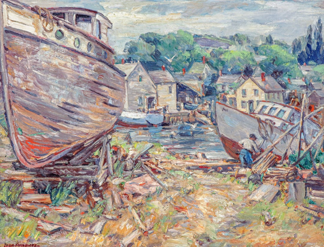 Ivan F. Summers (1889-1964) WPA era Painting Gloucester Harbor c1930s: Ivan F. Summers (1889-1964) WPA era Painting Gloucester Harbor c1930s. Oil painting on board. Signed. Excellent condition. 14"h x 17"w. Frame 18'h x 21.75"w FREE NATIONWIDE SHIPPINGFree Nationwide
