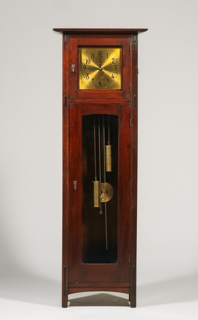 L&JG Stickley Mahogany Grandfather Clock c1910: L&JG Stickley Mahogany Grandfather Clock c1910. Unsigned. Excellent original finish. Clock mechanism runs very well. 80"h x 27"w x 15.75"d FREE NATIONWIDE SHIPPING Free Nationwide Shipping within the