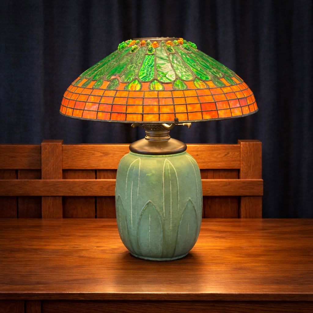Tiffany Studios - Grueby Pottery Jeweled Feather Table Lamp c1910: Tiffany Studios - Grueby Pottery Jeweled Feather Table Lamp c1910. Signed "Tiffany Studios" on shade. Grueby base signed and in perfect condition. Original Tiffany Glass Shade in excellent condition.