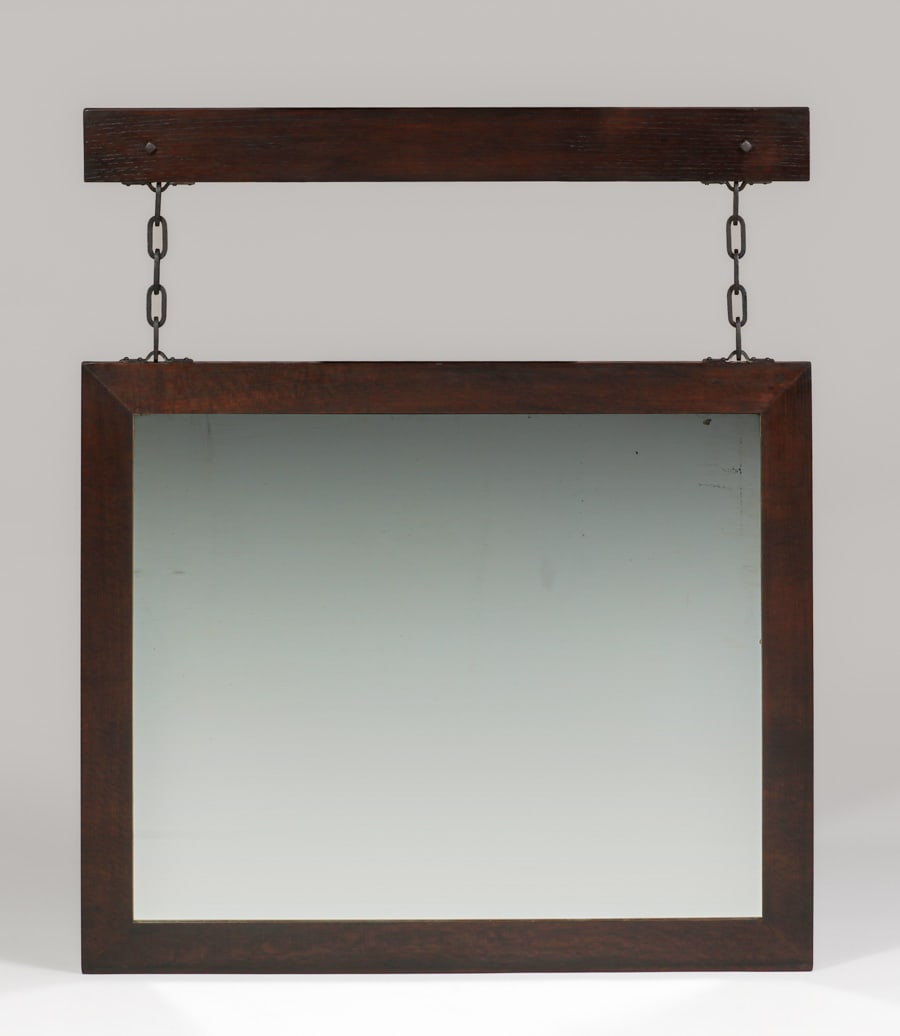 Roycroft Oak Hanging Mirror c1910: Roycroft Oak Hanging Mirror c1910. Original mounting board and iron chains. Unsigned. Excellent original finish. 48"h overall x 39.25"w FREE NATIONWIDE SHIPPING Free Nationwide Shipping within the low
