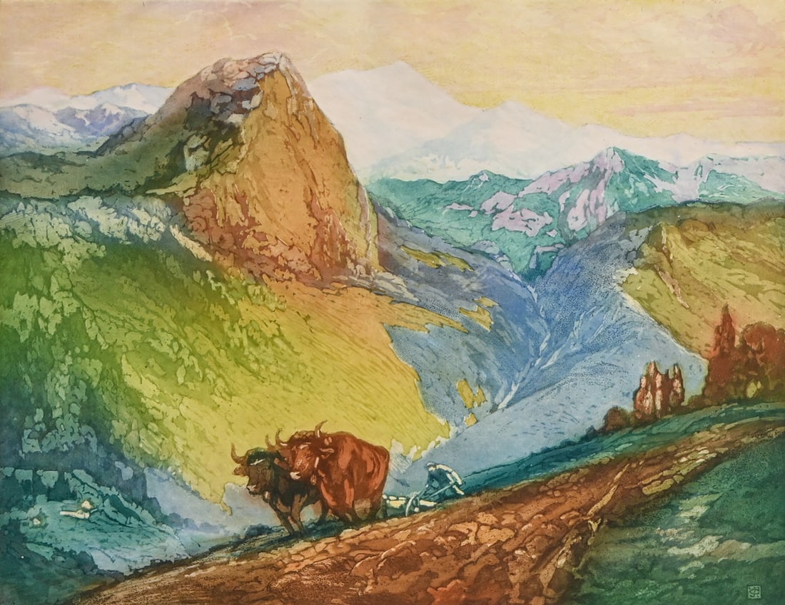 John Wesley Cotton (1869-1931) Color Etching & Aquatint "Toilers In the Pyrennes" 1915 (1 of 6)