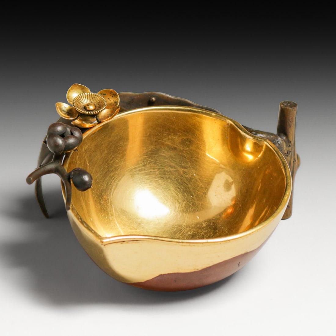Antique Japanese Meiji Period Patinated & Gilt Bronze Bowl c1900: Antique Japanese Meiji Period Patinated & Gilt Bronze Bowl c1900. Peach or lotus pod form with highly detailed, dark patina exterior contrasted beautifully with a brilliant gold-leaf interior finish