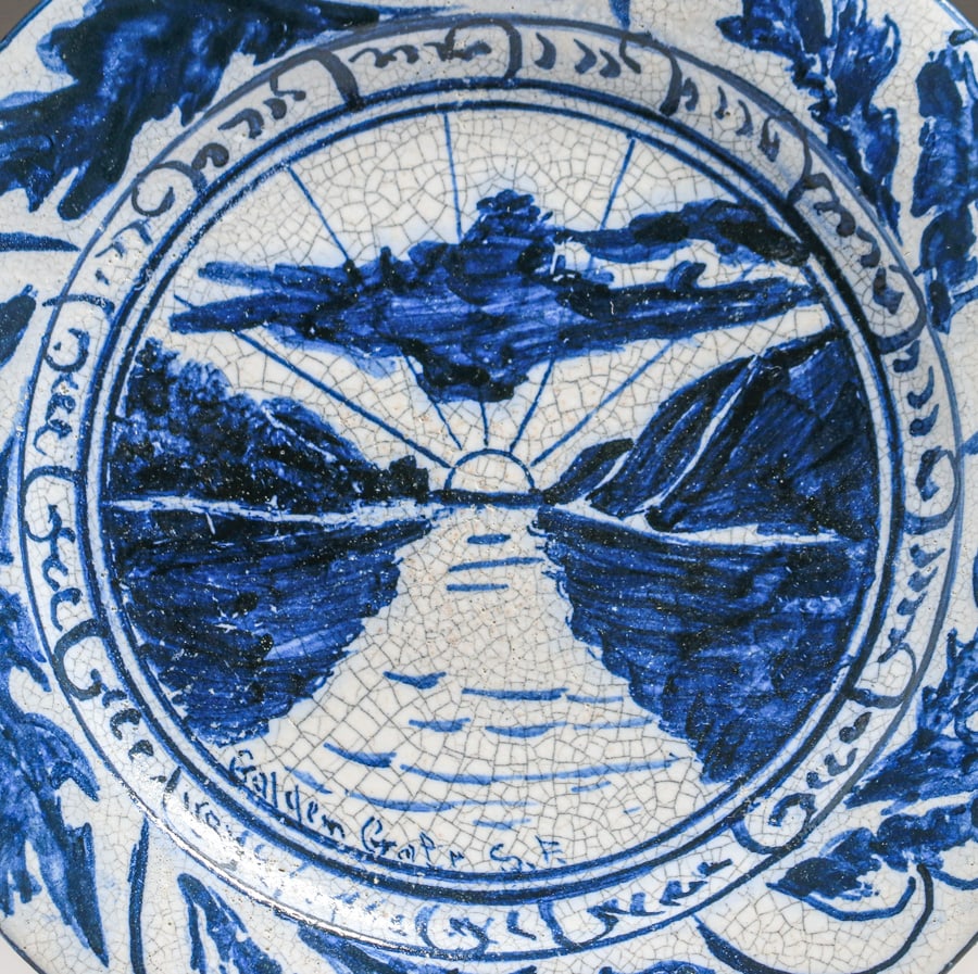 Rare Dedham Pottery Hugh Robertson Golden Gate, San Francisco Plate c1898-1908: Rare Dedham Pottery Hugh Robertson Golden Gate, San Francisco Plate c1898-1908. Signed. Invisible professional restoration to two small edge chips, otherwise perfect condition. 10"d FREE NATIONWIDE SH