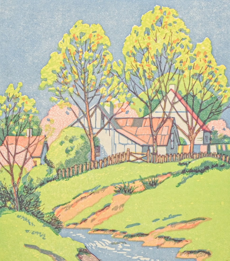 Oscar B. Erickson (1883-1970) Color Linocut "Spring" c1930s (1 of 5)