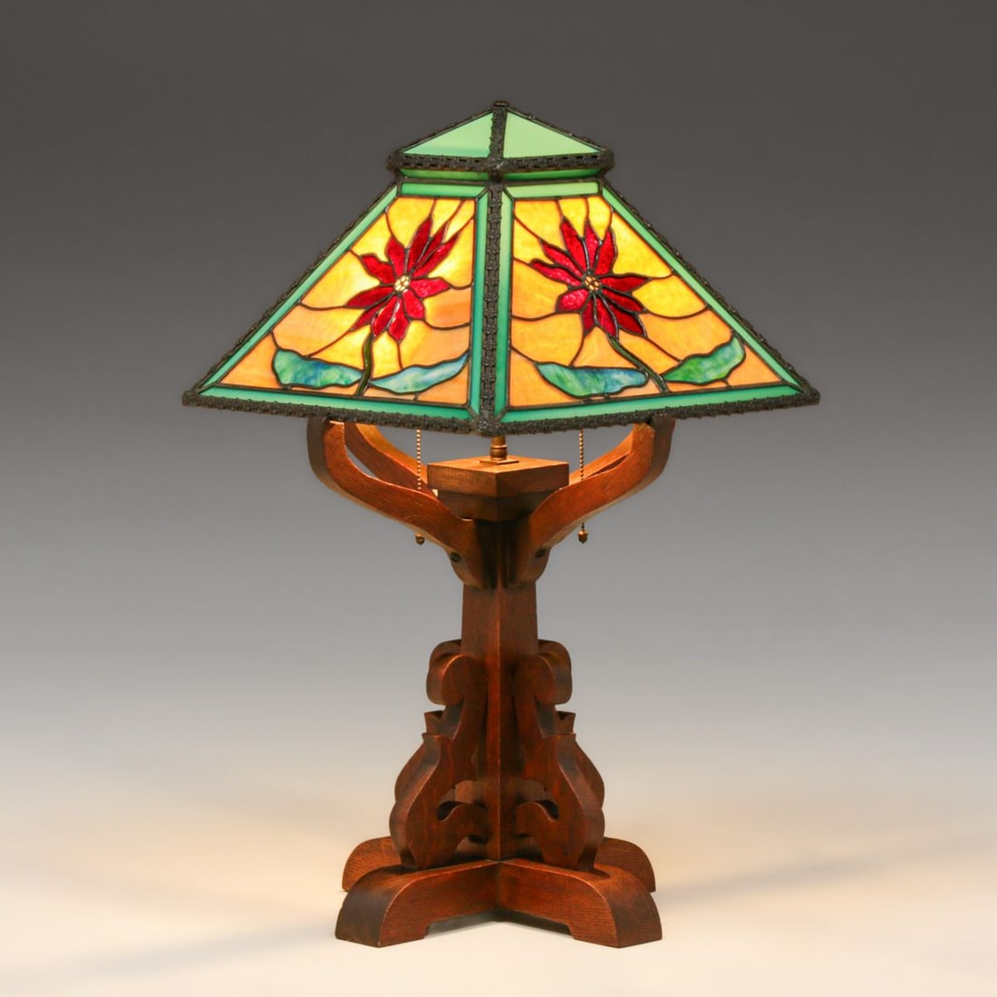 Arts & Crafts Period Oak & Leaded Glass Lamp c1910: Arts & Crafts Period Oak & Leaded Glass Lamp c1910. Unsigned. Excellent original finish. Original leaded glass shade has a few tight lines. 29"h x 16" x 16" FREE NATIONWIDE SHIPPINGFree Nationwide