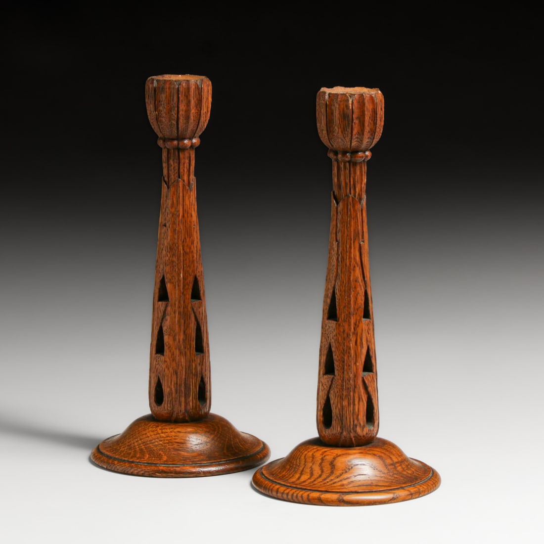 Arts & Crafts Period Hand-Carved Oak Candlesticks c1910s (1 of 5)