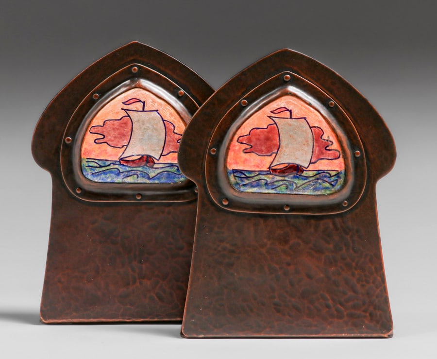 Boston Arts & Crafts Hammered Copper & Enamel Bookends c1905 (1 of 3)