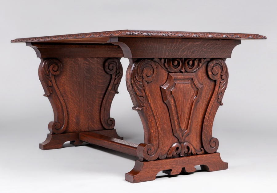 Mathews Furniture Shop - San Francisco Hand-Carved Table c1906-1918: Mathews Furniture Shop - San Francisco Hand-Carved Table c1906-1918. Unsigned. Top refinished perfectly to match original finish. 60"w x 35.5"d x 30"h FREE NATIONWIDE SHIPPINGFree Nationwide
