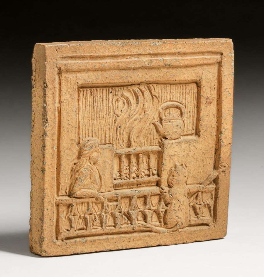 Grueby Nursery Rhyme Tile c1905: Grueby Nursery Rhyme Tile c1905. Possibly Polly Put the Kettle On - Nursery Rhyme. Unsigned. Minor abrasions. 6 7/8"w x 6.75"h FREE NATIONWIDE SHIPPINGFree Nationwide Shipping within the lower 48