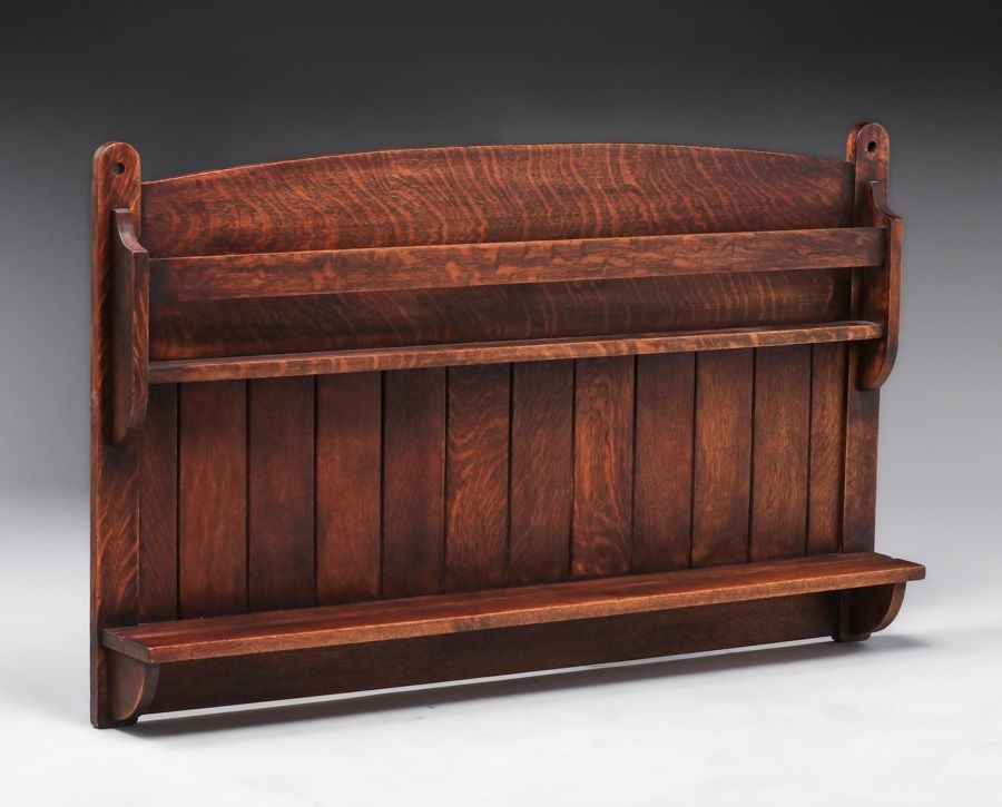 Gustav Stickley Hanging Oak Plate Rail c1907: Gustav Stickley Hanging Oak Plate Rail c1907. Unsigned. Excellent original finish. 46"w x 25"h FREE NATIONWIDE SHIPPING Free Nationwide Shipping within the lower 48 states for all purchases at our Two
