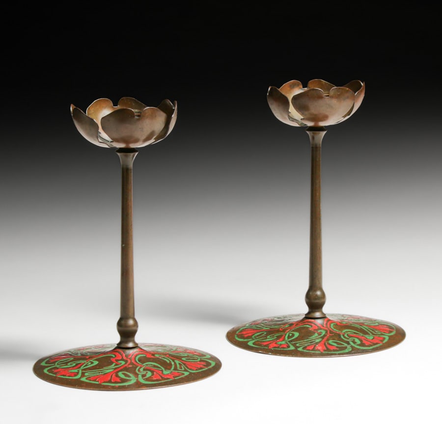 Pair Art Crafts Shop - Buffalo, NY Enamel Candlesticks c1905: Pair Art Crafts Shop - Buffalo, NY Enamel Candlesticks c1905. Signed. Excellent original enamel and original patina. 8.25"h x 6"d FREE NATIONWIDE SHIPPINGFree Nationwide Shipping within the lower 48