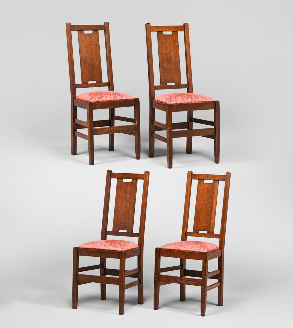 Gustav Stickley Set of 4 H-Back Dining Chairs c1912-1915: Gustav Stickley Set of 4 H-Back Dining Chairs c1912-1915. Signed with branded mark. Color added to original finish. Very sturdy. 40"h x 18.75"w x 16.75"d FREE NATIONWIDE SHIPPINGFree Nationwide