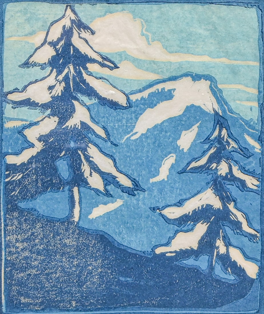 Edna G. Parker Color Woodcut: Snow Capped Mountains with Trees (Blue) 1937: Edna G. Parker Color Woodcut: Snow Capped Mountains with Trees (Blue) 1937. Signed. Excellent condition. 6"h x 5"w. Frame 15"h x 12"w FREE NATIONWIDE SHIPPING Free Nationwide Shipping within the lower