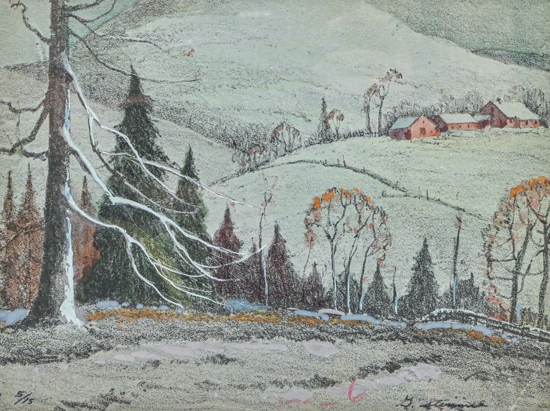 George Stimmel (1880-1964) Watercolor & Gouache Hand-Colored Etching "Winter Landscape with Red (1 of 5)