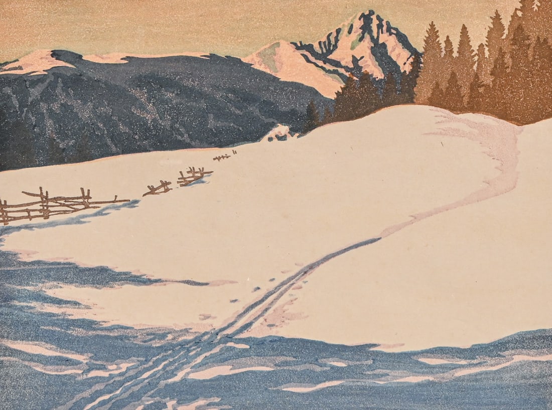 Engelbert Lap (Austrian 1886–1970) Color Woodcut "Wintertag am Rosskogel" (Winter Day on the: Engelbert Lap (Austrian 1886–1970) Color Woodcut "Wintertag am Rosskogel" (Winter Day on the Rosskogel) c1920s. Signed. Excellent condition. 8"h x 10.5"w. Frame 12"h x 15"w FREE NATIONWIDE SHIPPING