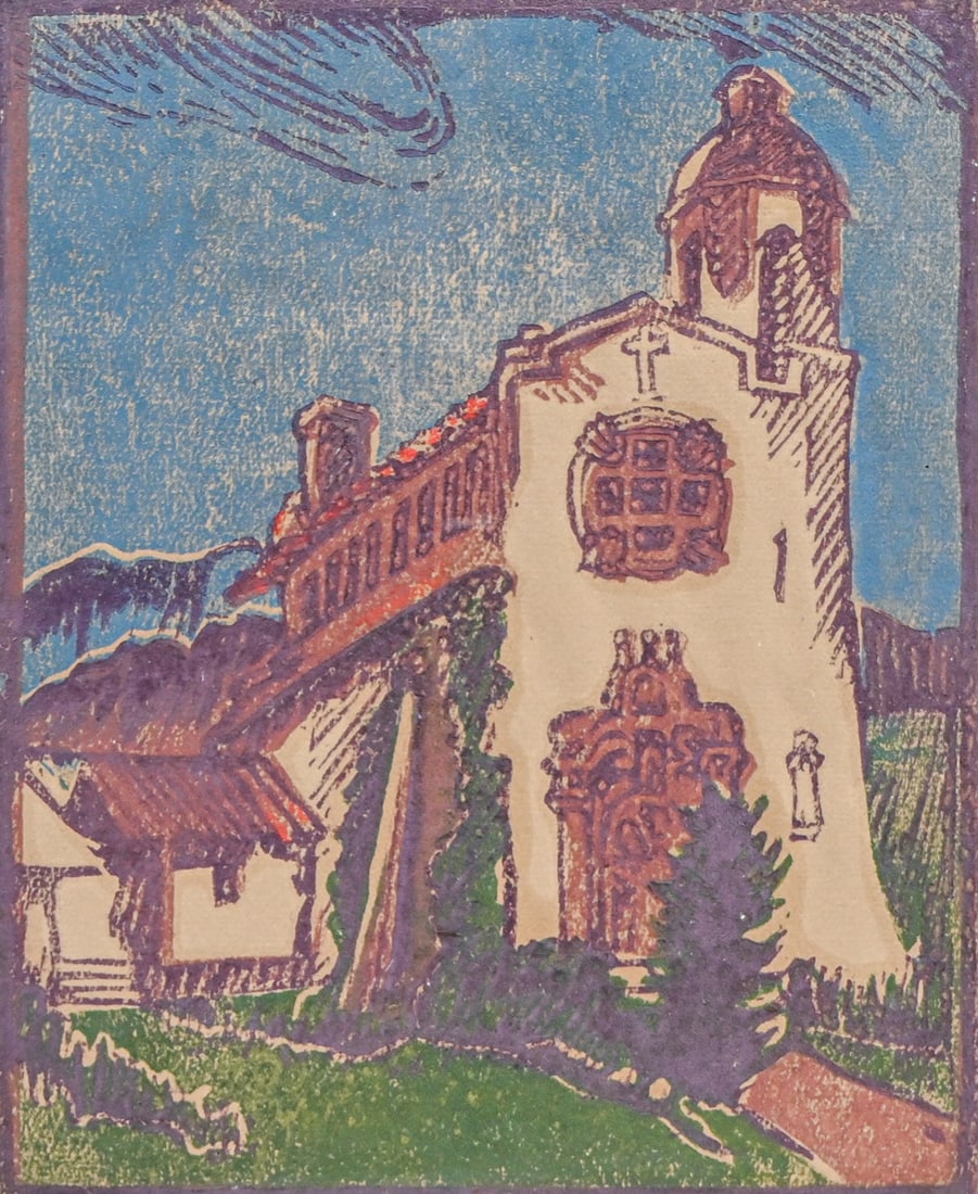 Charlotte Leaming (1871-1972) Color Woodcut "Pauline Chapel - Broadmoor" Colorado Springs c1920s: Charlotte Leaming (1871-1972) Color Woodcut "Pauline Chapel - Broadmoor" Colorado Springs c1920s. Signed. Excellent condition. Leaming lived and worked in Colorado Springs for many years, serving