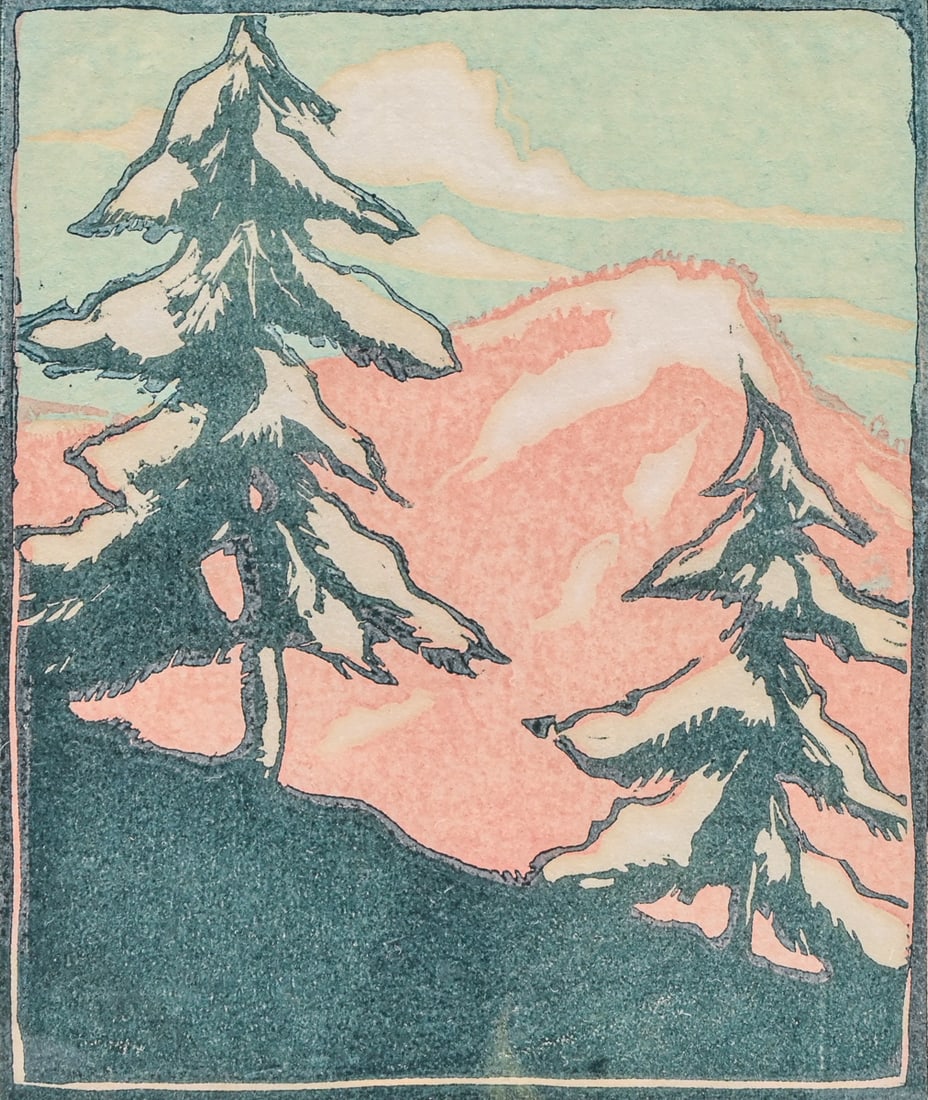Edna G. Parker Color Woodcut: Snow Capped Mountains with Trees (Pink) 1937: Edna G. Parker Color Woodcut: Snow Capped Mountains with Trees (Pink) 1937. Signed. Excellent condition. 6.5"h x 5.5"w. Frame 15"h x 12"w FREE NATIONWIDE SHIPPINGFree Nationwide Shipping within