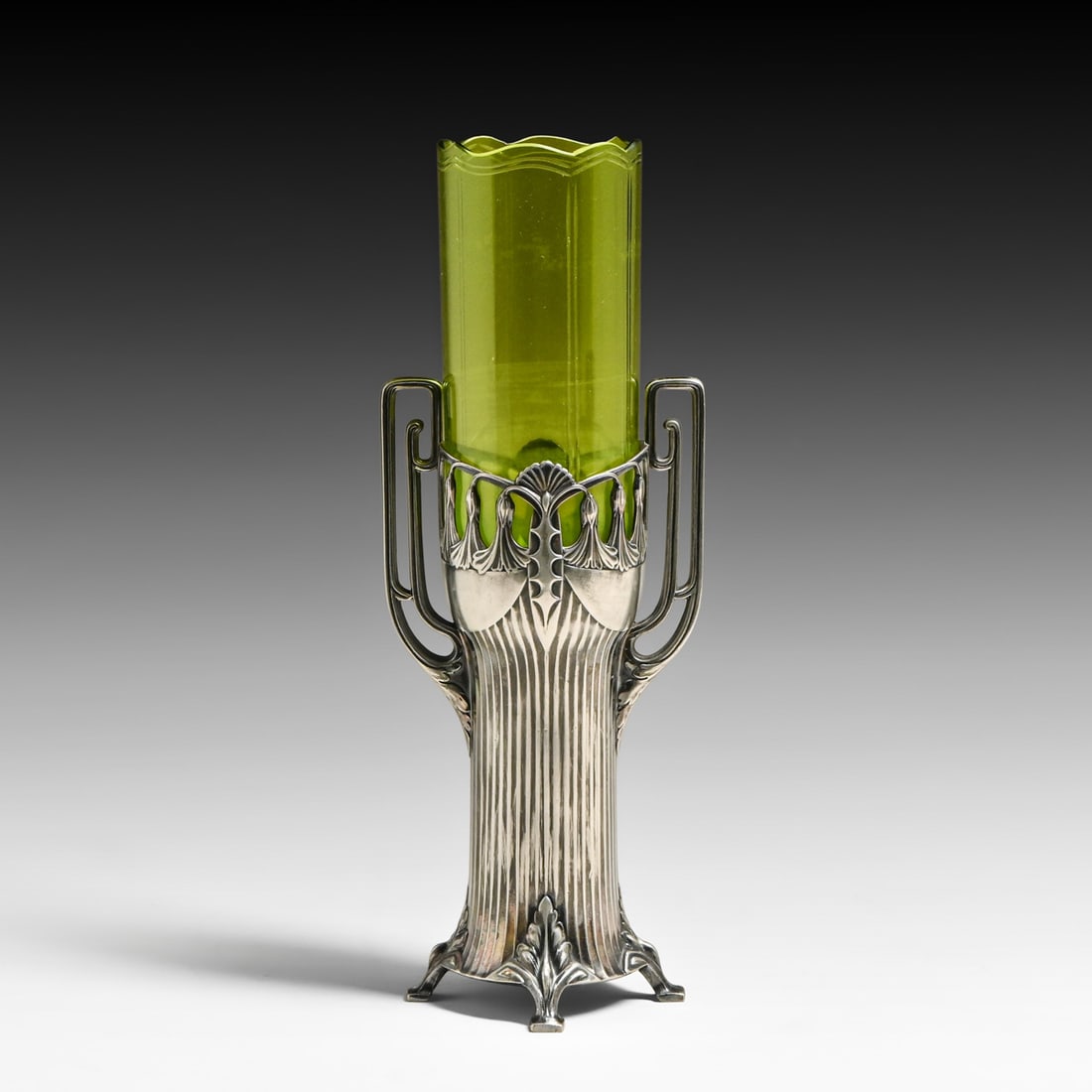 WMF - German Art Nouveau Silver-Plated & Emerald Green Glass Vase c1900-1903: WMF - German Art Nouveau Silver-Plated & Emerald Green Glass Vase c1900-1903. Signed. Excellent original patina. Original emerald green glass Jugenstil liner in perfect condition. 9.25"h x 3.25"d FREE