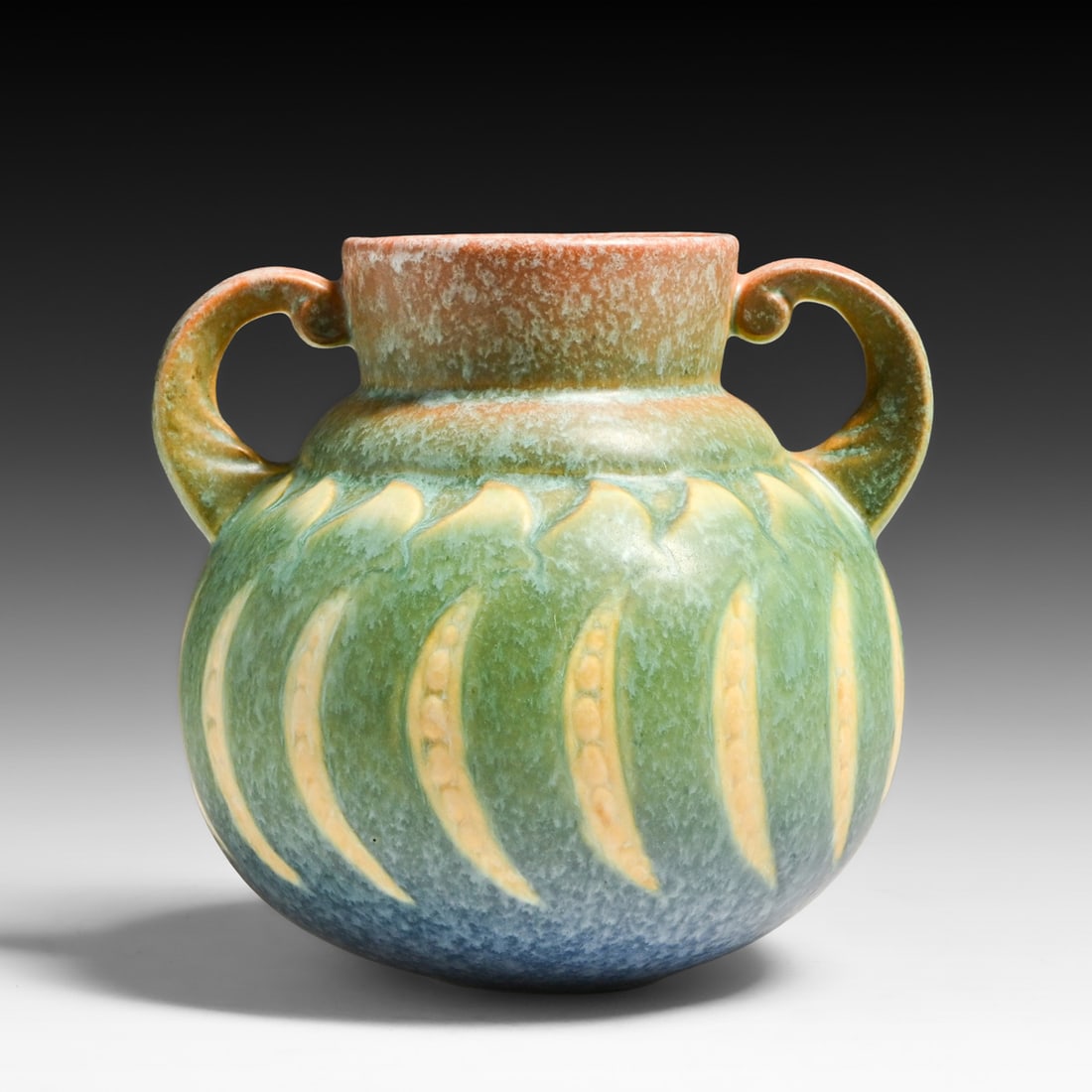 Roseville Faline Art Deco Two-Handled Vase c1930s: Roseville Faline Art Deco Two-Handled Vase c1930s. Unsigned. Perfect condition. 6"h x 6.5"w FREE NATIONWIDE SHIPPING Free Nationwide Shipping within the lower 48 states for all purchases at our Two-Da