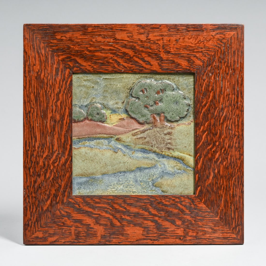 Laird Plumleigh Arts & Crafts Scenic Landscape Pottery Tile c1990s: Laird Plumleigh Arts & Crafts Scenic Landscape Pottery Tile c1990s. Signed. Beautiful newer Dard Hunter oak frame. Tile 8" x 8". Frame 13.5" x 13.5" FREE NATIONWIDE SHIPPING Free Nationwide Shipping w