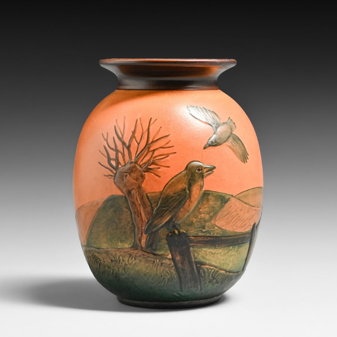 P. Ipsens Enke Danish Art Nouveau Crow & Landscape Vase c1920s: P. Ipsens Enke Danish Art Nouveau Crow & Landscape Vase c1920s. Signed. Perfect condition. 7"h x 5.5"d FREE NATIONWIDE SHIPPINGFree Nationwide Shipping within the lower 48 states for all purchases