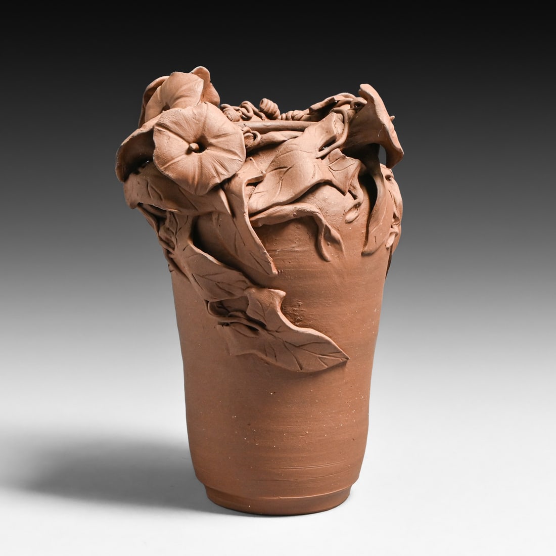 Vintage David Brinner Studio Art Pottery 3D Morning Glory Relief Vase 1993: Vintage David Brinner Studio Art Pottery 3D Morning Glory Relief Vase 1993. Signed. Perfect condition. 6.25"h x 4.75"d Brinner was a master of the "calco" technique. Representing the celebrated