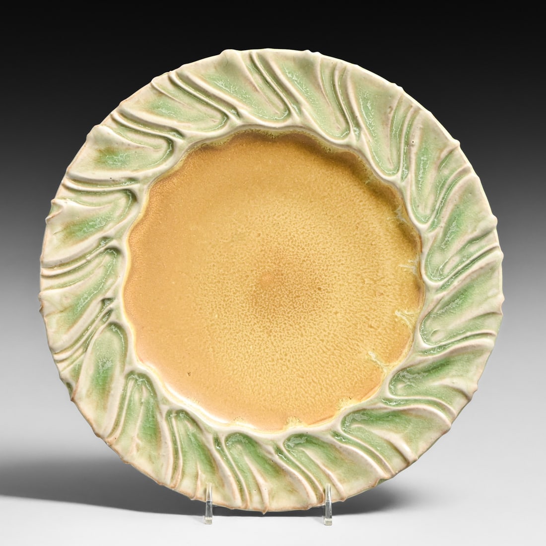 Contemporary Studio Pottery Charger – "Neo-Celadon" Style c1980/90s: Contemporary Studio Pottery Charger – "Neo-Celadon" Style c1980/90s. Unsigned. Perfect condition. 10.25"d This charger blends traditional Chinese Longquan-style techniques with a bold,