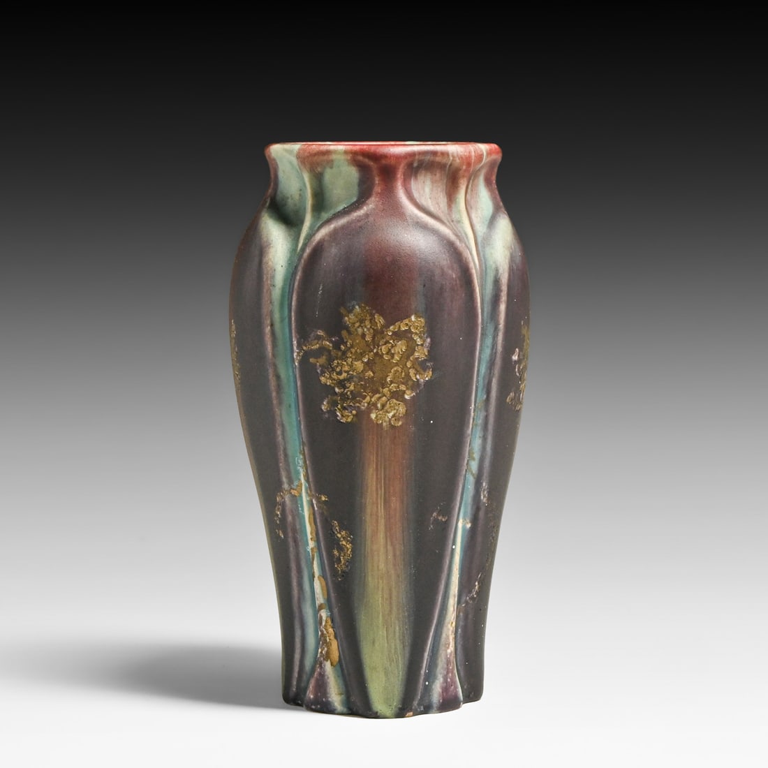 Eugène Baudin - French Art Nouveau Glazed Stoneware Gold Leaf Overglaze Vase c1900: Eugène Baudin - French Art Nouveau Glazed Stoneware Gold Leaf Overglaze Vase c1900. Signed. Small base grinding chip, otherwise perfect condition. 6.5"h x 3.25"d FREE NATIONWIDE SHIPPINGFree