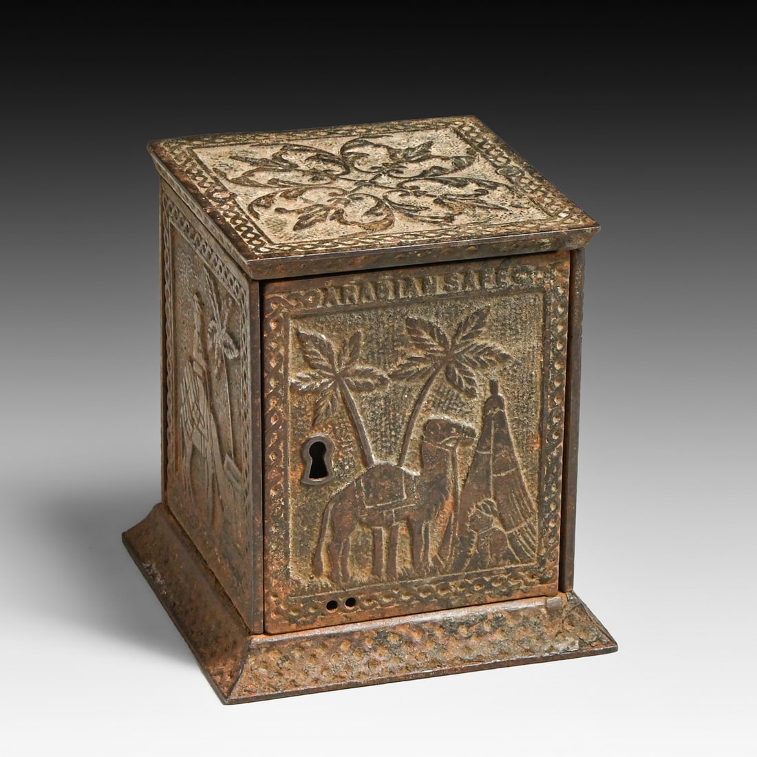 Antique Cast Iron "Arabian Safe" Still Bank by Kyser & Rex c1880s/1890s: Antique Cast Iron "Arabian Safe" Still Bank by Kyser & Rex c1880s/1890s. Signed only with "Arabian Safe" across the top front and "Pat. Aug 8, 1882". Come with working key. Excellent original
