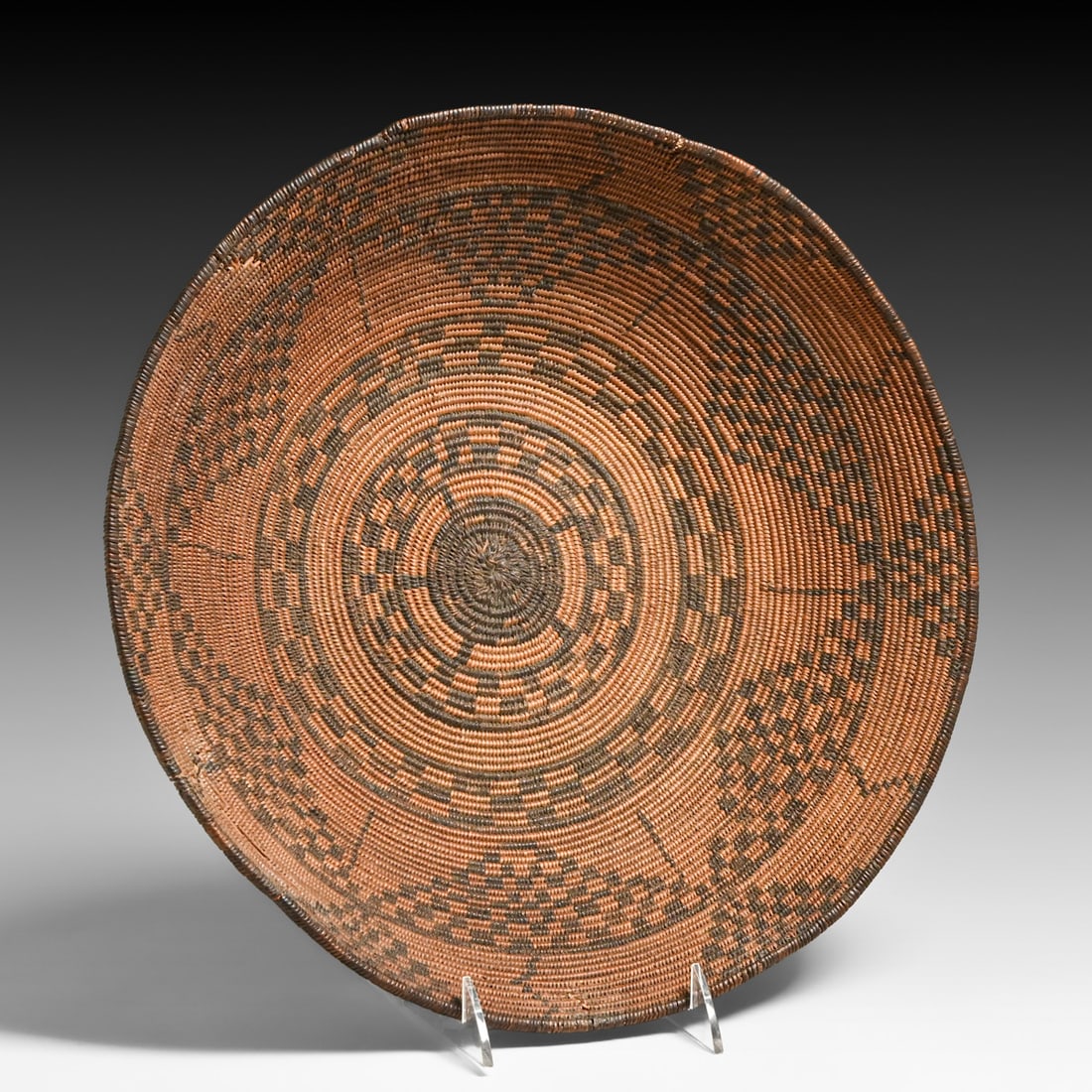 Native American Coiled Basket - Apache or Pima Tribe c1890-1910: Native American Coiled Basket - Apache or Pima Tribe c1890-1910. Four partially stabilized breaks to rim. 14"d x 3"h FREE NATIONWIDE SHIPPINGFree Nationwide Shipping within the lower 48 states for