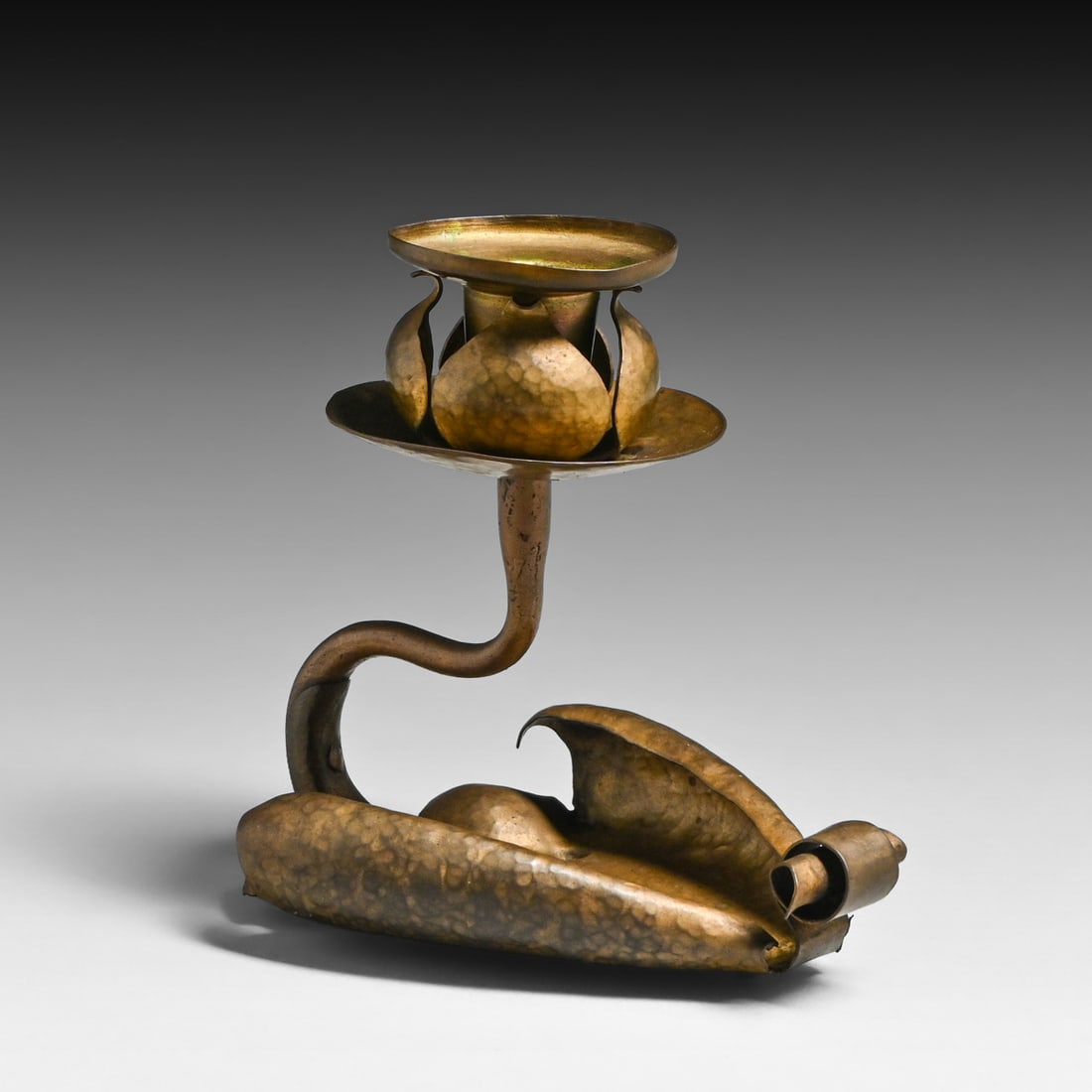 Arts & Crafts Period Hammered Brass Lotus-Leaf Candlestick c1910: Arts & Crafts Period Hammered Brass Lotus-Leaf Candlestick c1910. Unsigned. Original patina. 5"h x 4.75" x 3.5" FREE NATIONWIDE SHIPPINGFree Nationwide Shipping within the lower 48 states for all